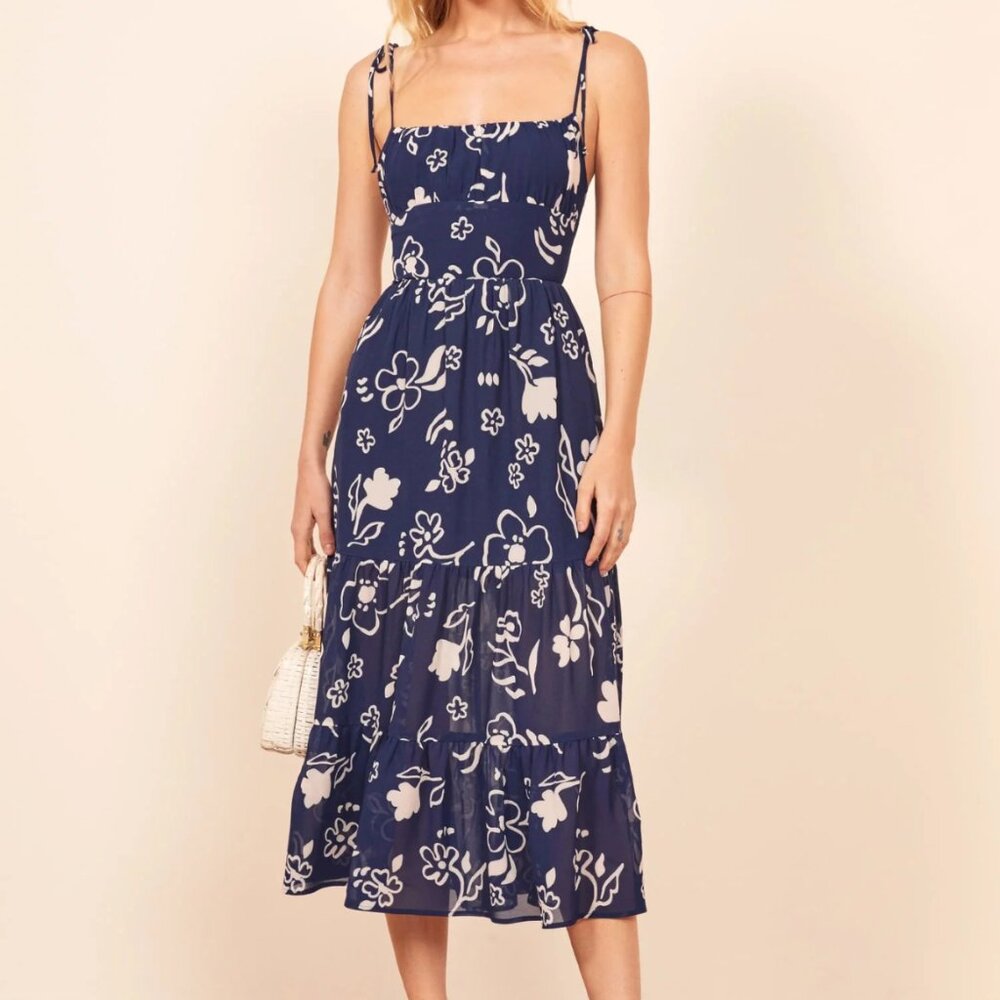 Reformation Navy Blue & White Floral Midi Dress